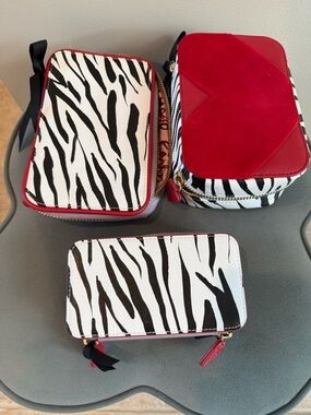 Trish McEvoy Zebra-Print Cosmetic Case Set with Red Accents and Travel Brush Set